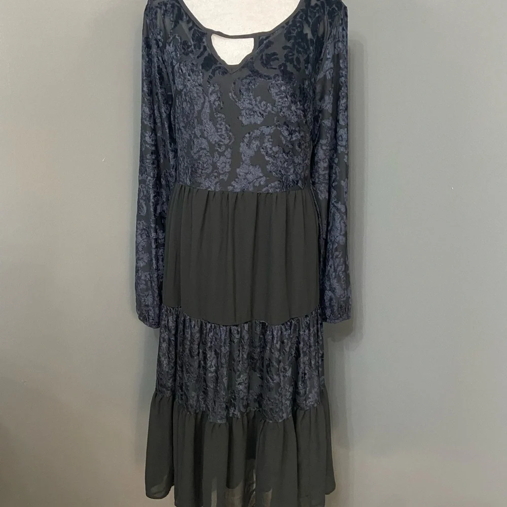 Velvet Burn Out Black/Blue Chiffon Tiered Midi Dress W/Slip Sheer Oversized L - Picture 1 of 17